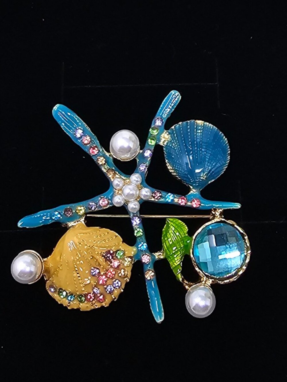 Blue Starfish Brooch Pin Rhinestone Faux Pearl Pendant